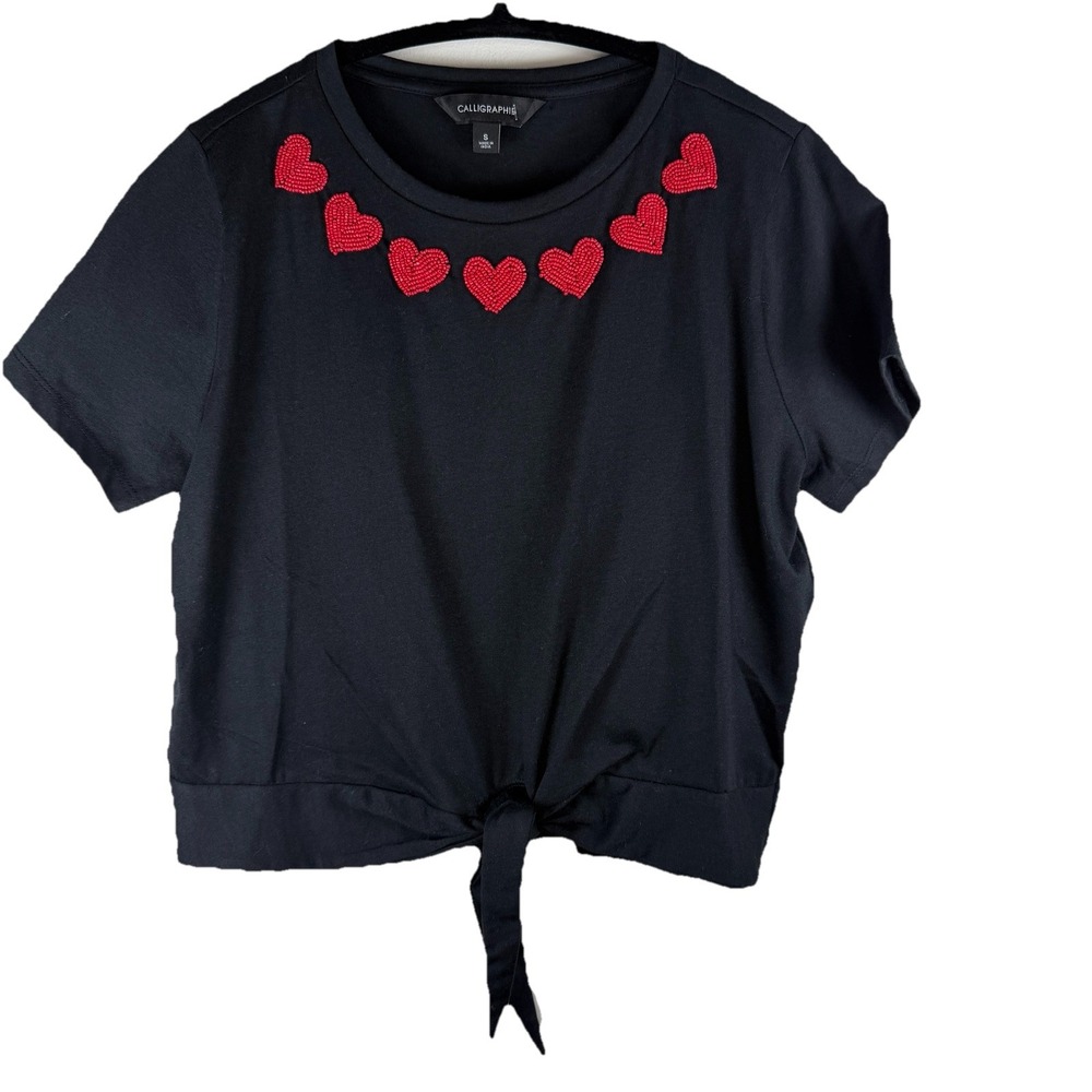 Calligraphie Women's Small Black‎ Front Tie Cropped Heart Neck T- Shirt Love